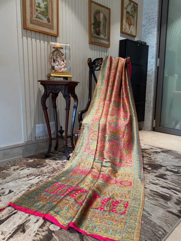Fuchsia Multicolour Zari Woven Kashmiri Paisley Jaal Saree with Tassel Pallu