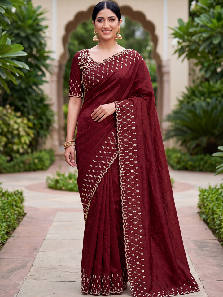 Maroon Sequin Embroidered Scalloped Border Saree with Embroidered Blouse peice