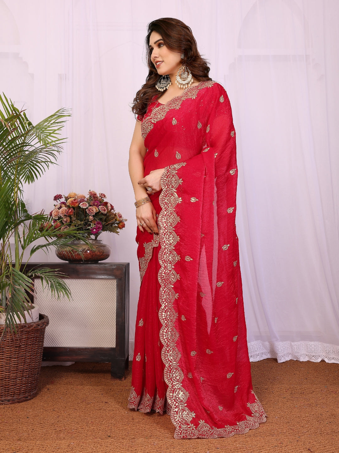 Embellished Saree with Heavy Scalloped Zari Border and Matching Embroidered Blouse