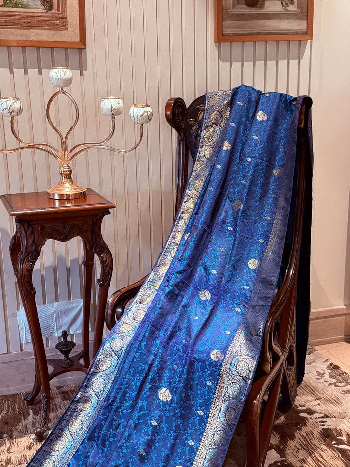 Zari Woven Banarasi Saree with Floral & Paisley Motifs, Golden Brocade Border