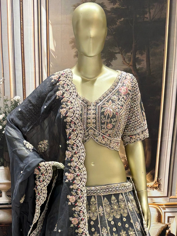 Embroidered lehenga set with floral zari, sequins and scalloped organza dupatta.