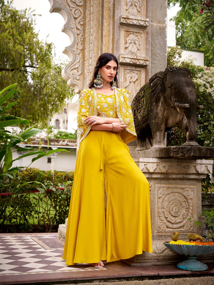 Mustard Yellow Embroidered Cape Top with Flared Palazzo Set Featuring Sequin & Thread Work