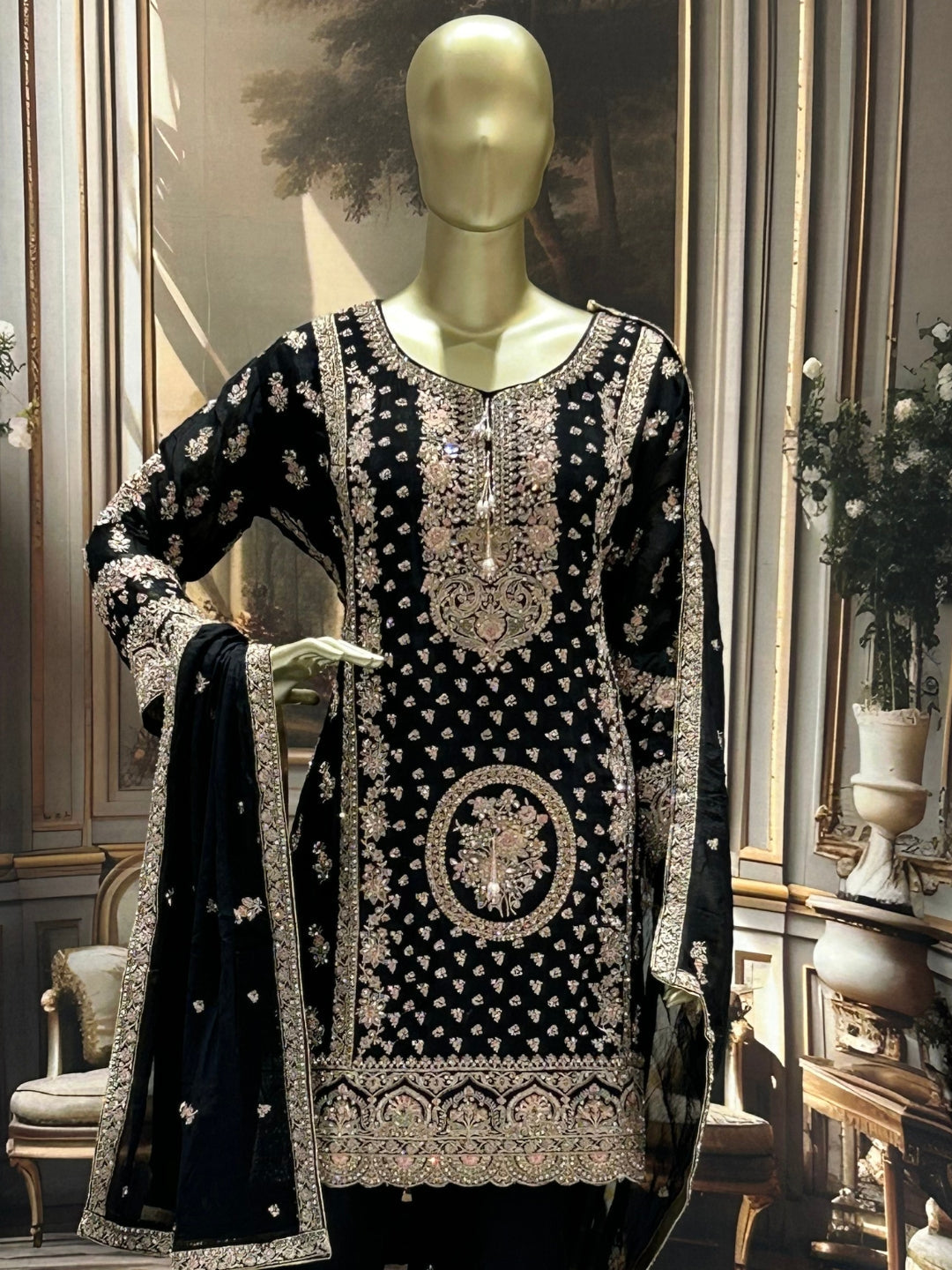 Black Suit Set with Zari, Resham, Sequin & Pearl Embroidery, Floral & Medallion Motifs