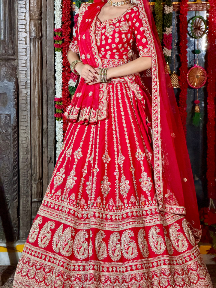 Silk Heavy Zari & Sequin Embroidered Paisley & Floral Lehenga Choli with Net Dupatta