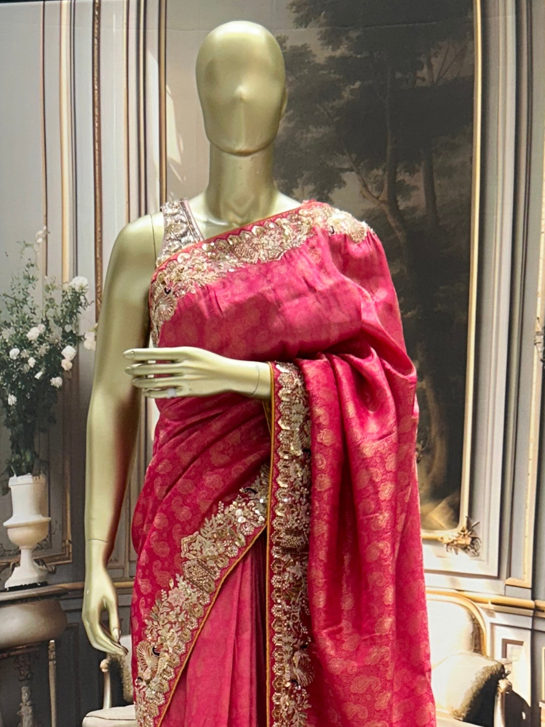 Jacquard Saree with Heavy Zardozi Sequin Peacock Floral Border & Embroidered Blouse