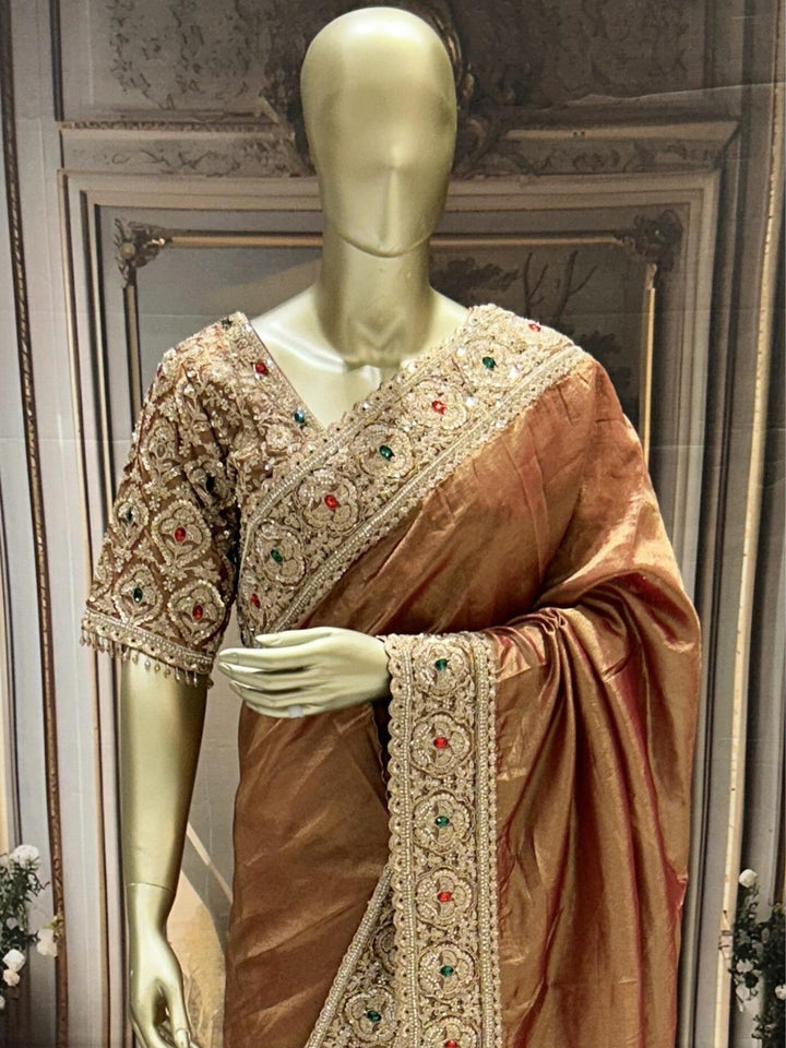 Silk Saree with Heavy Zardozi, Sequin & Stone Embroidered Border and Blouse