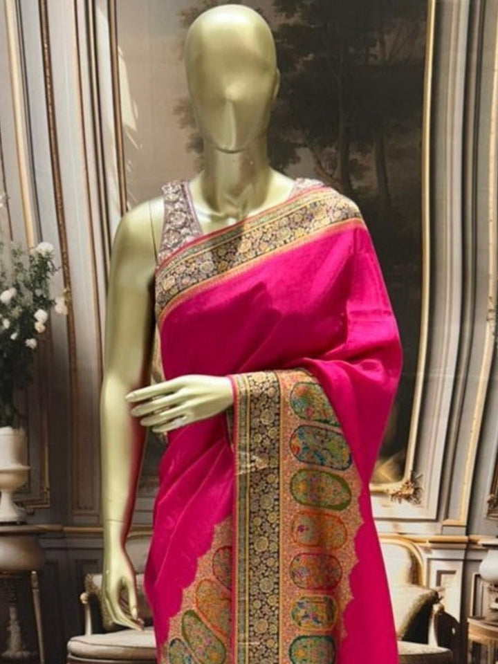 Banarasi Silk Saree with Meenakari Peacock & Floral Paneled Border