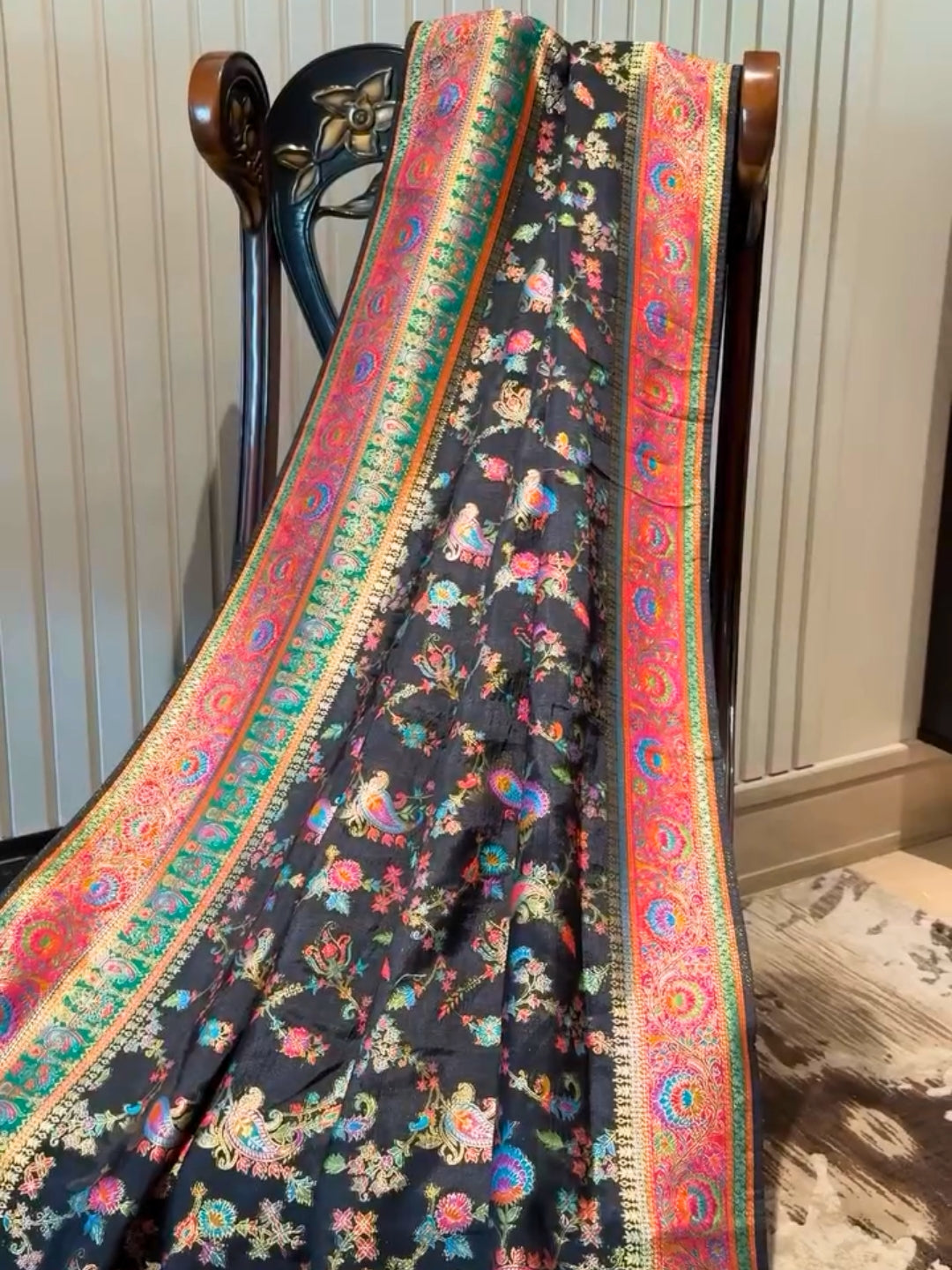 Elegant Black Banarasi Silk Saree with Multicolor Meenakari Jaal & Peacock Motif Zari Border