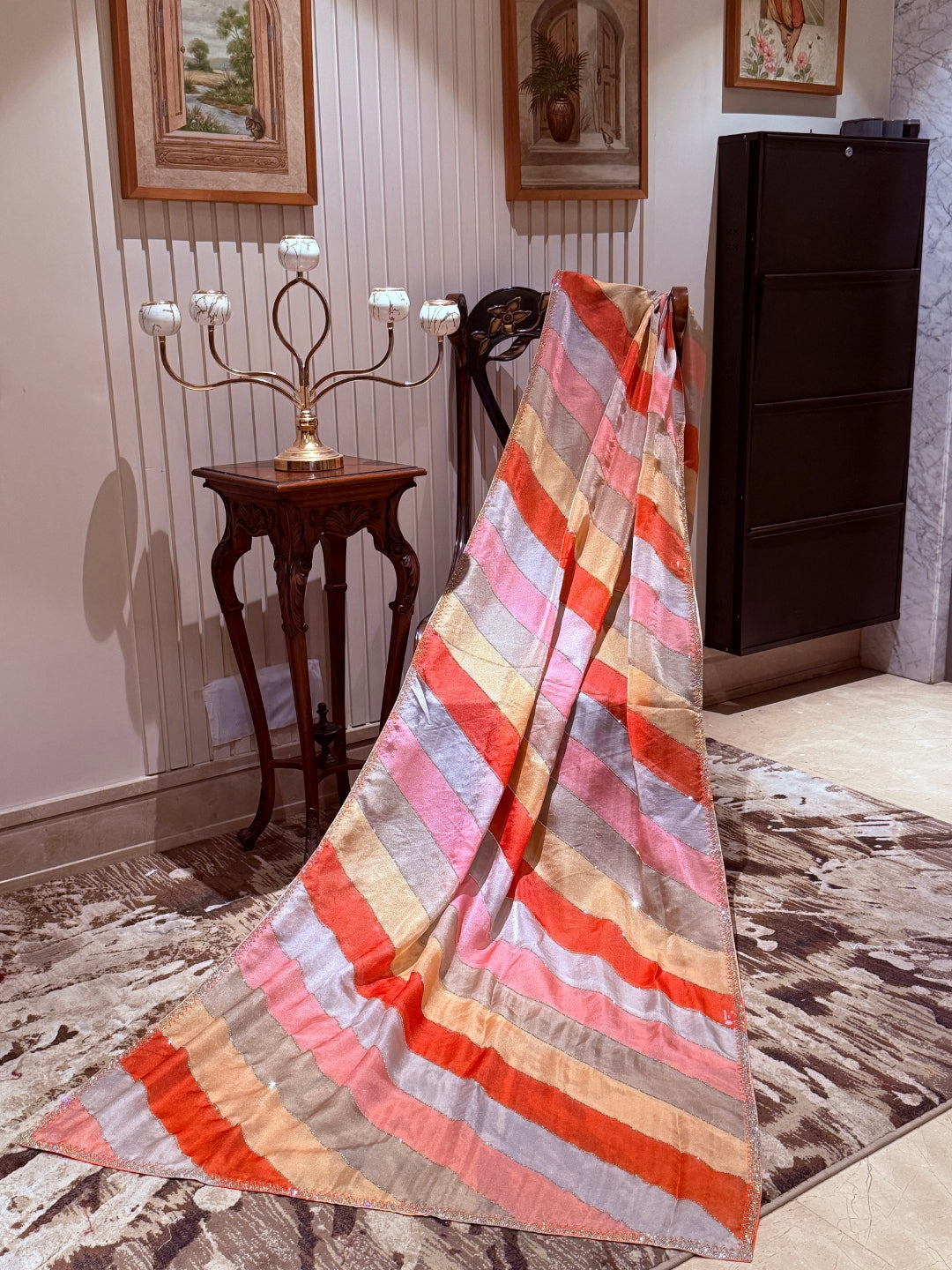 Multicolor Satin Organza Saree with Diagonal Stripes & Subtle Gold Zari Edge