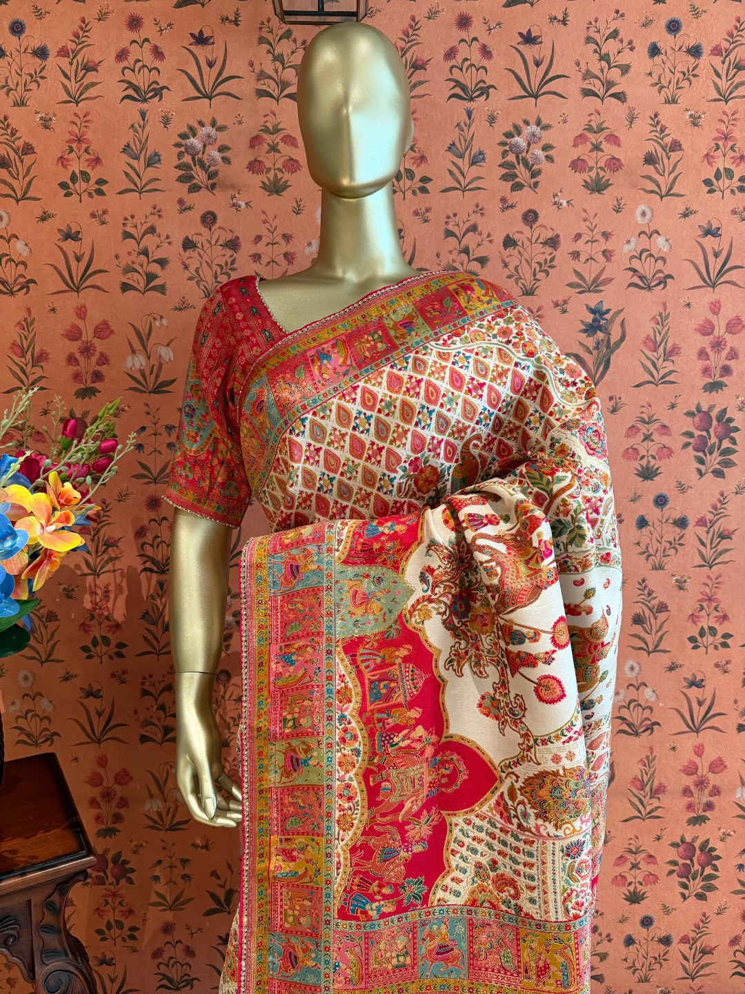 Cream Red Saree with Ethnic Temple Scene & All Over Paisley Digital Print