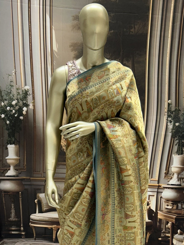 Heritage Banarasi Saree with Deer & Paisley Weave and Teal Edge