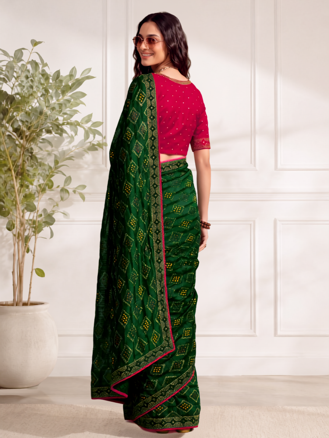 Green Bandhani Printed Saree with Contrast Pink Border