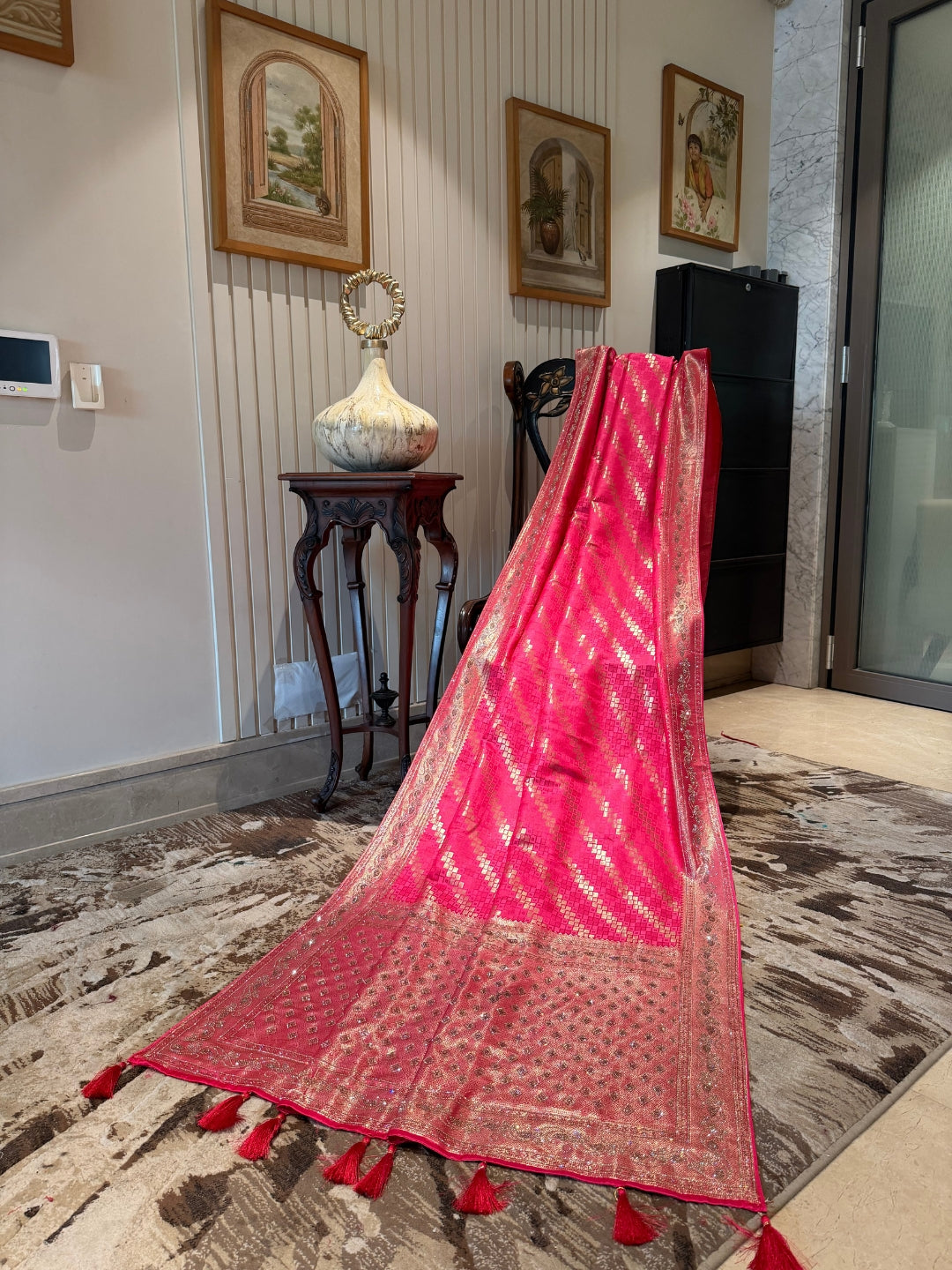 Rani Pink Saree with All-Over Zari Checks, Heavy Woven Pallu & Tassel Border