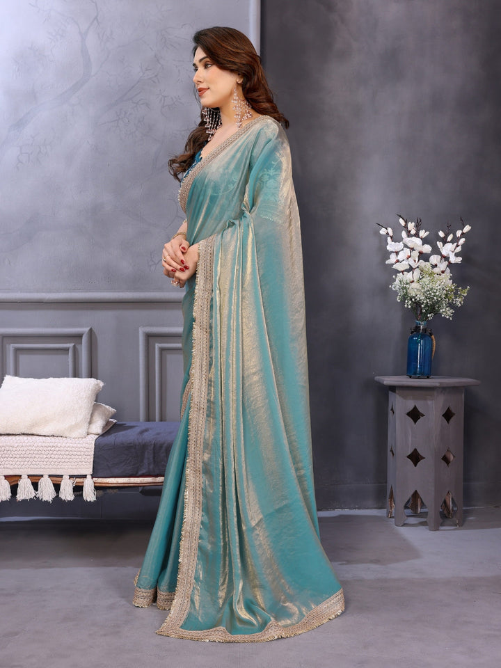Shimmer Saree with Gold Lace Border & Teal Floral Thread Embroidered Blouse