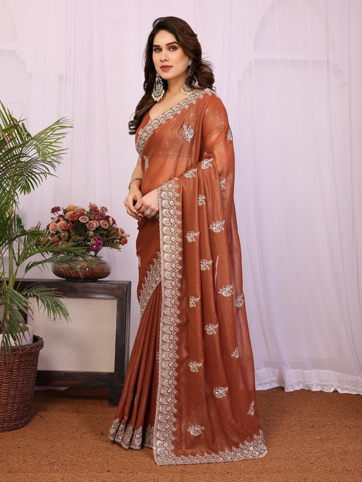 Burnt Copper Shimmer Saree with Silver Thread Embroidered Butis & Scalloped Border