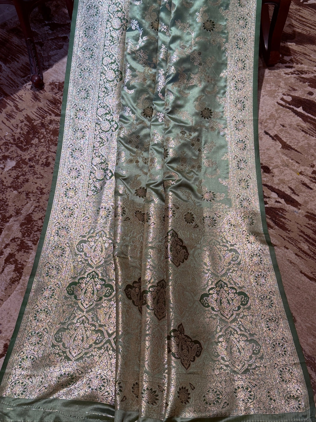 Sage Green Banarasi Art Silk Saree with Antique Gold Zari Floral Motifs & Brocade Border