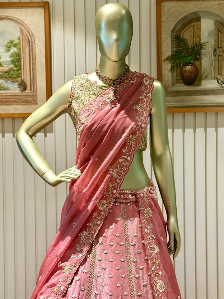 Elegantly Embroidered Rose-Pink Net & Silk Lehenga Choli Set with Dupatta