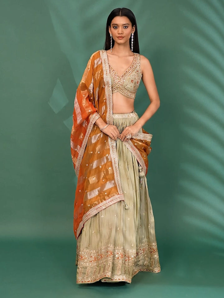 Embroidered Silk Lehenga Set with Zari and Mirror Work Detailing