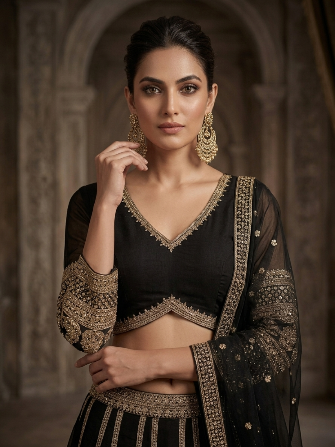 Silk Heavy Zari & Sequin Embroidered Lehenga Choli with Net Dupatta in Black