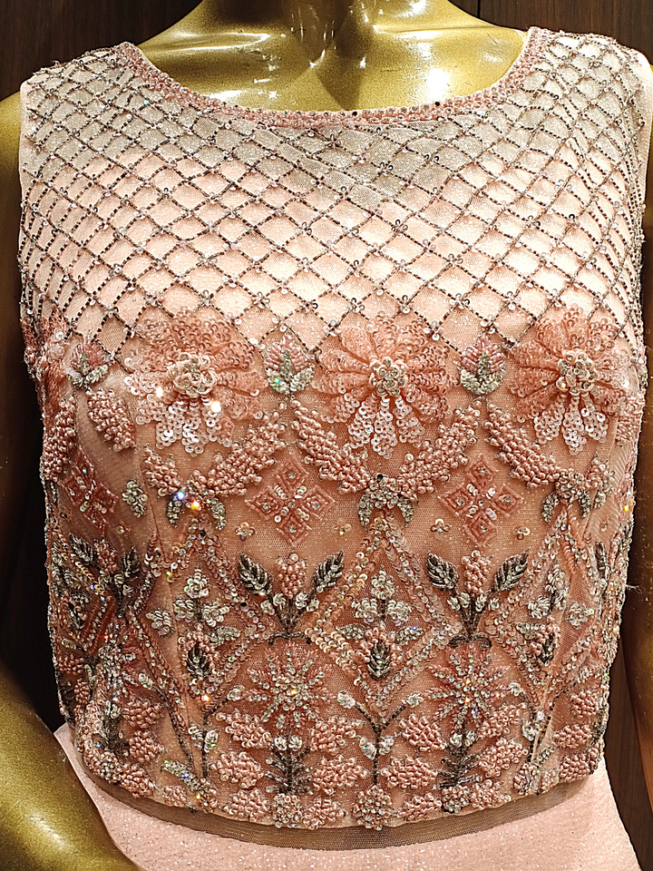 Pastel Peach Embellished Flared Gown with Cutdana, Pearls, Sequence