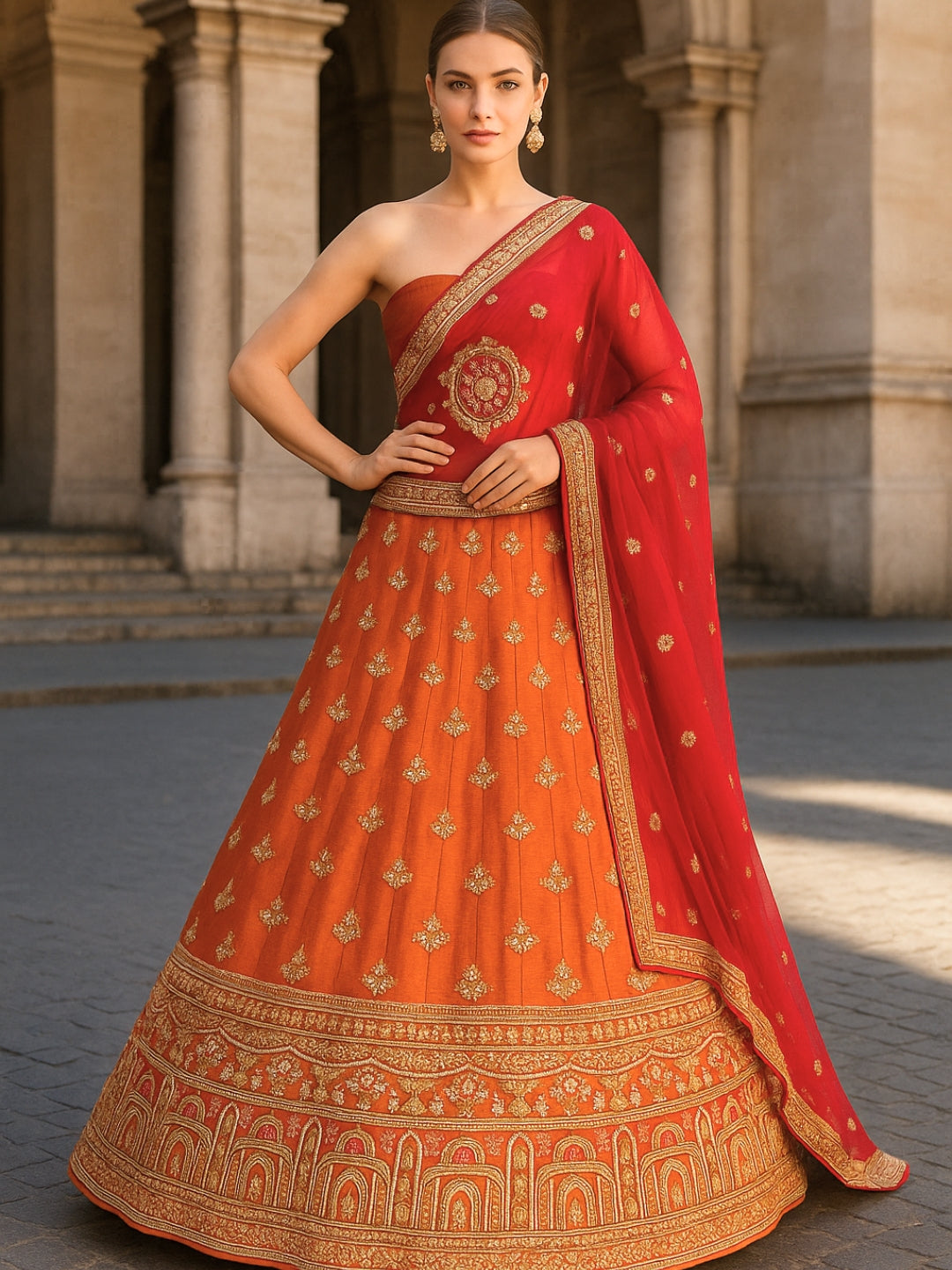 Zari, Mirror, Beads & Sequins Worked Embroidered Lehenga with unstitched blouse & Dupatta
