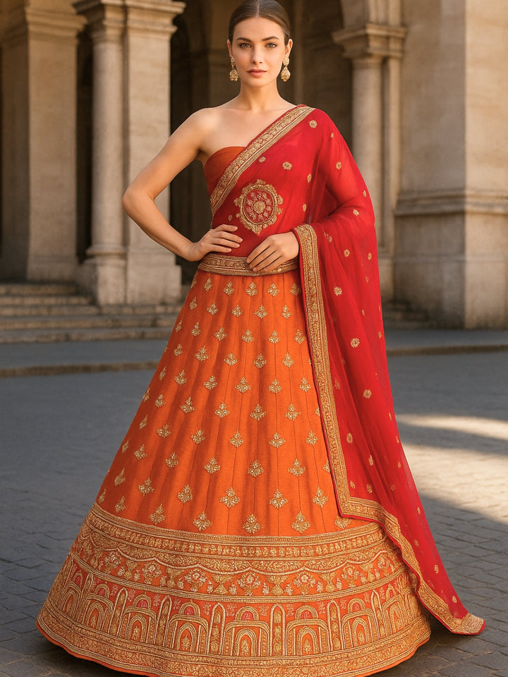 Zari, Mirror, Beads & Sequins Worked Embroidered Lehenga with unstitched blouse & Dupatta