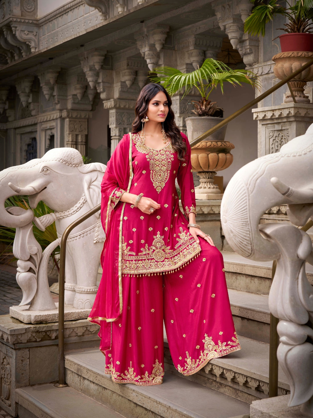 Magenta Pink Embroidered Georgette Kurta Sharara Set with Heavy Thread Zari Work