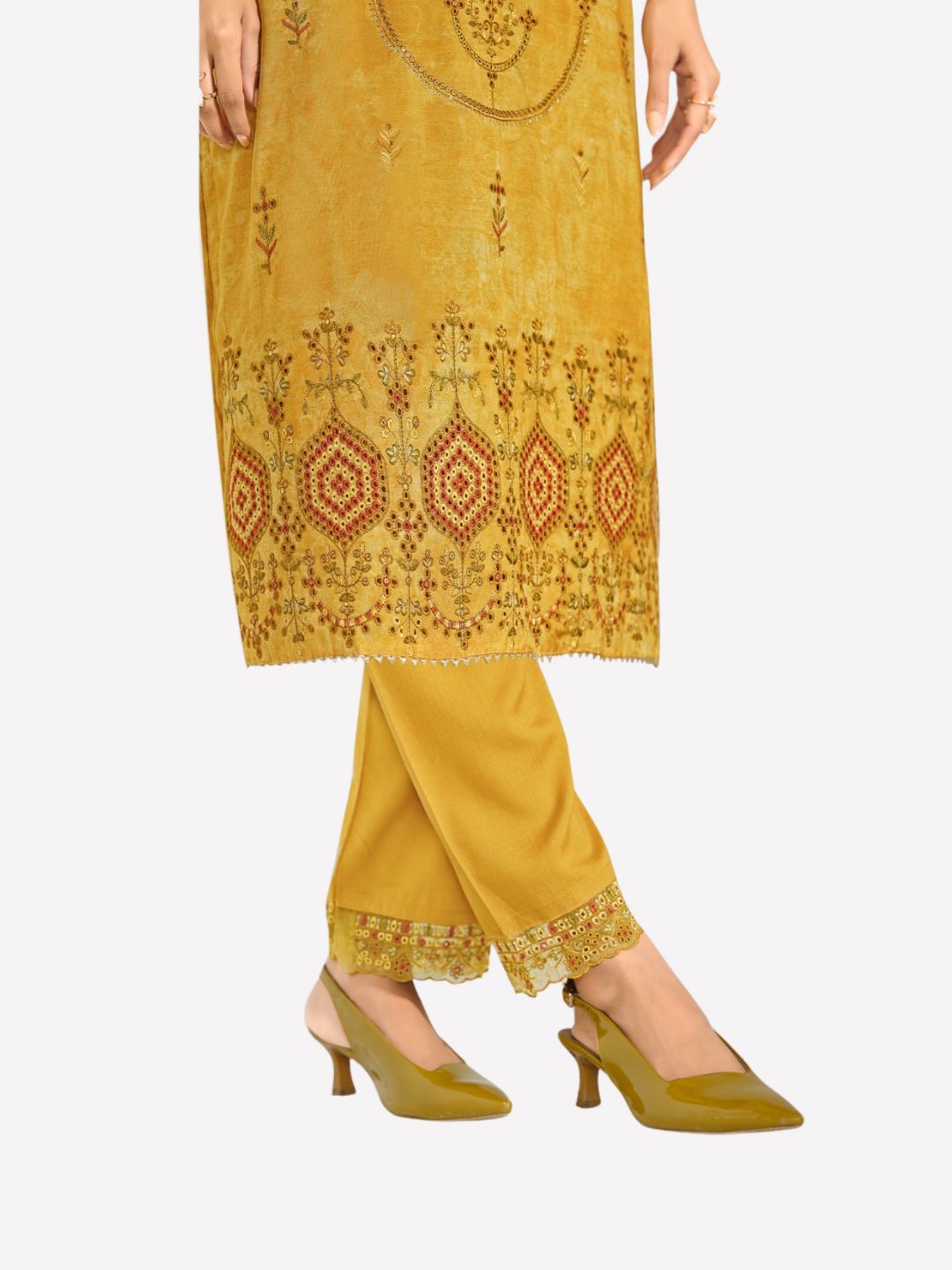 Cotton Printed & Embroidered Unstitched Suit Dupatta in Mustard & Rust