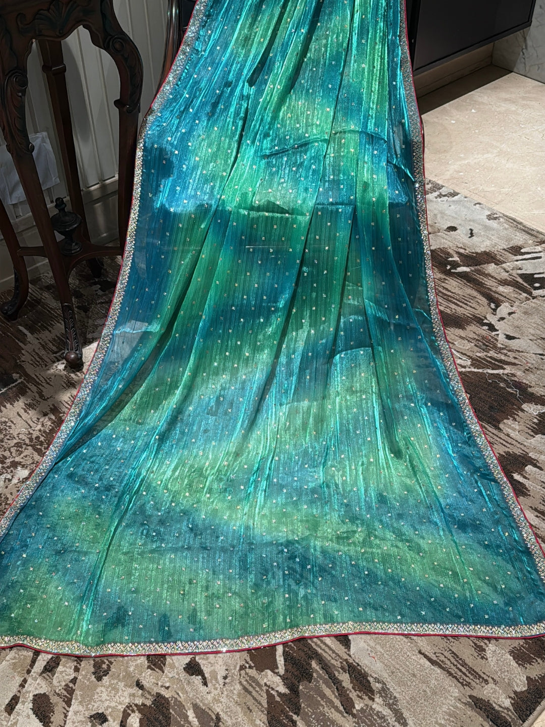 Ombre Shimmer Saree with Silver Sequin Buttas & Dual-Tone Woven Border