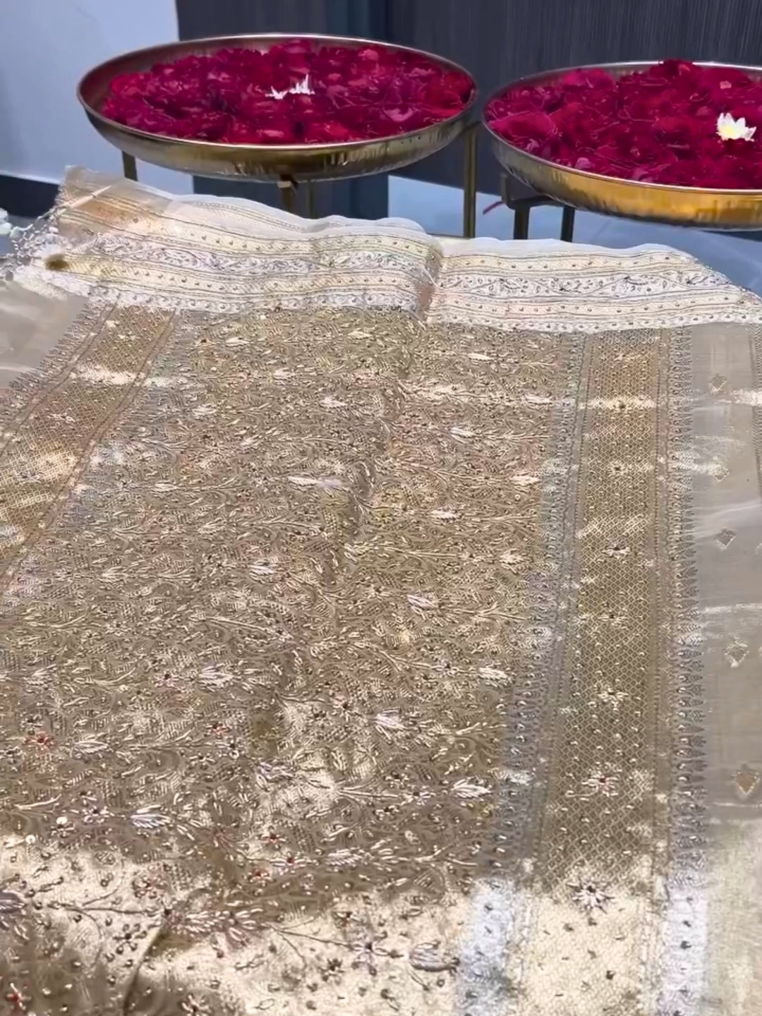Beige color Beads & Stones Worked Border with Ethnic Motifs Zari woven traditional saree