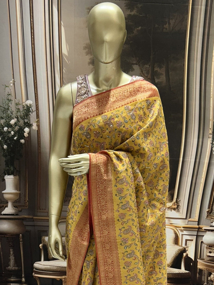 Mustard Yellow Banarasi Meenakari Saree with Floral Jaal & Red Zari Brocade Pallu
