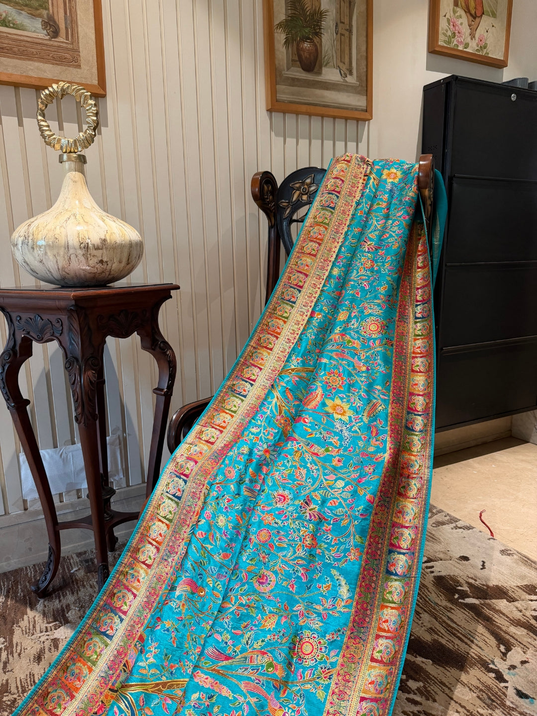Turquoise Blue Saree with All-Over Ethnic Bird & Floral Digital Print and Contrast Border
