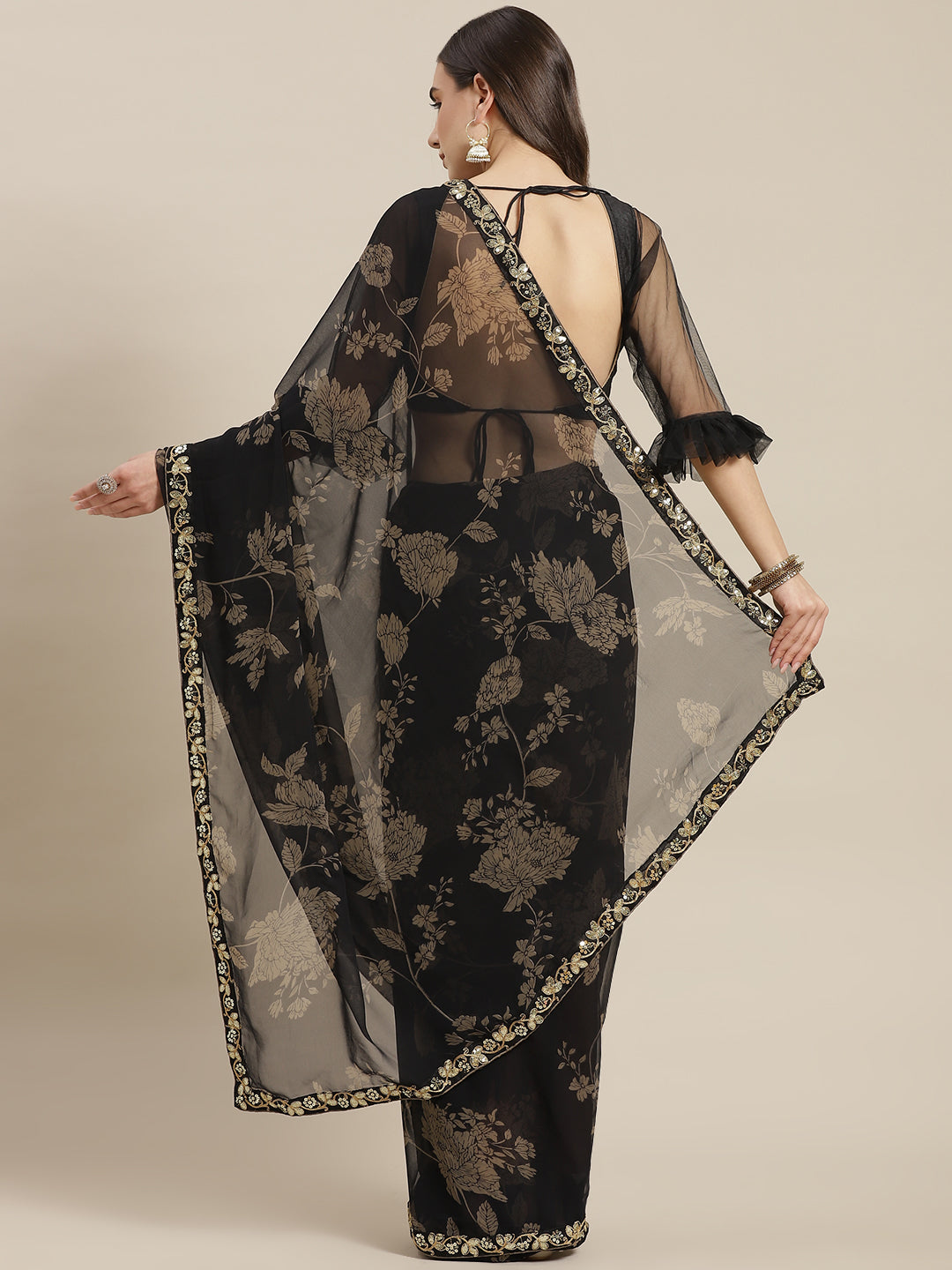 Metallic Floral Print Saree with Sequin & Mirror Embroidery Border