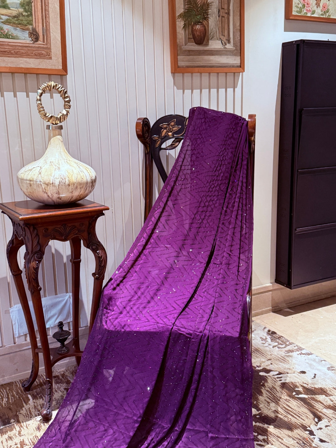 Georgette Saree with All-Over Zigzag Sequin Work & Matching Sequin Border