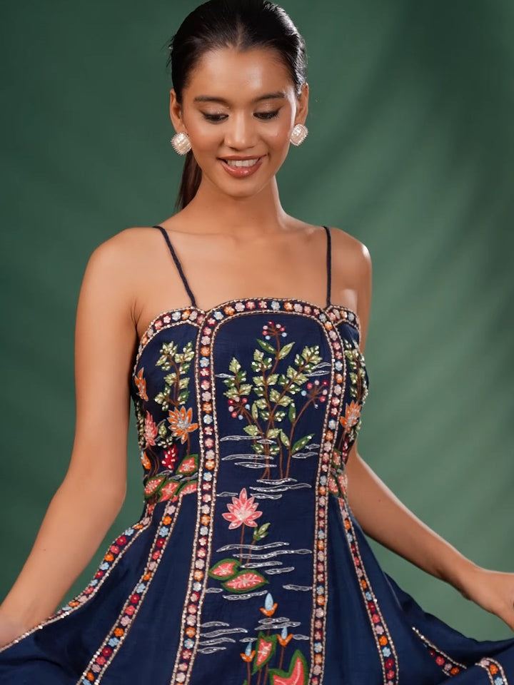 Embroidered Spaghetti Strap Flared Gown with Nature-Inspired Motifs