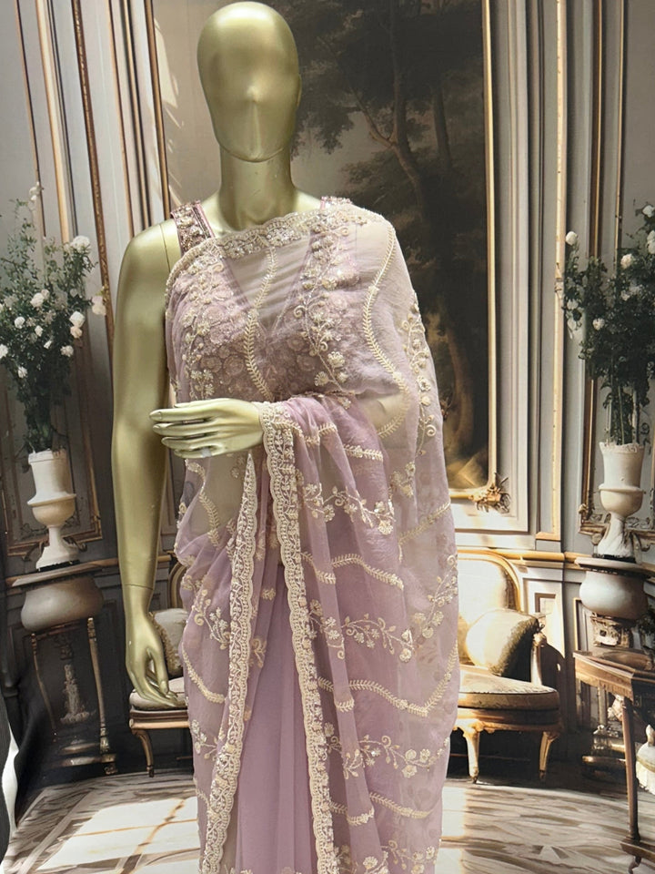 Mauve Net Saree with Ivory-Gold Hand Sequin Floral Scalloped Border & Embroidery
