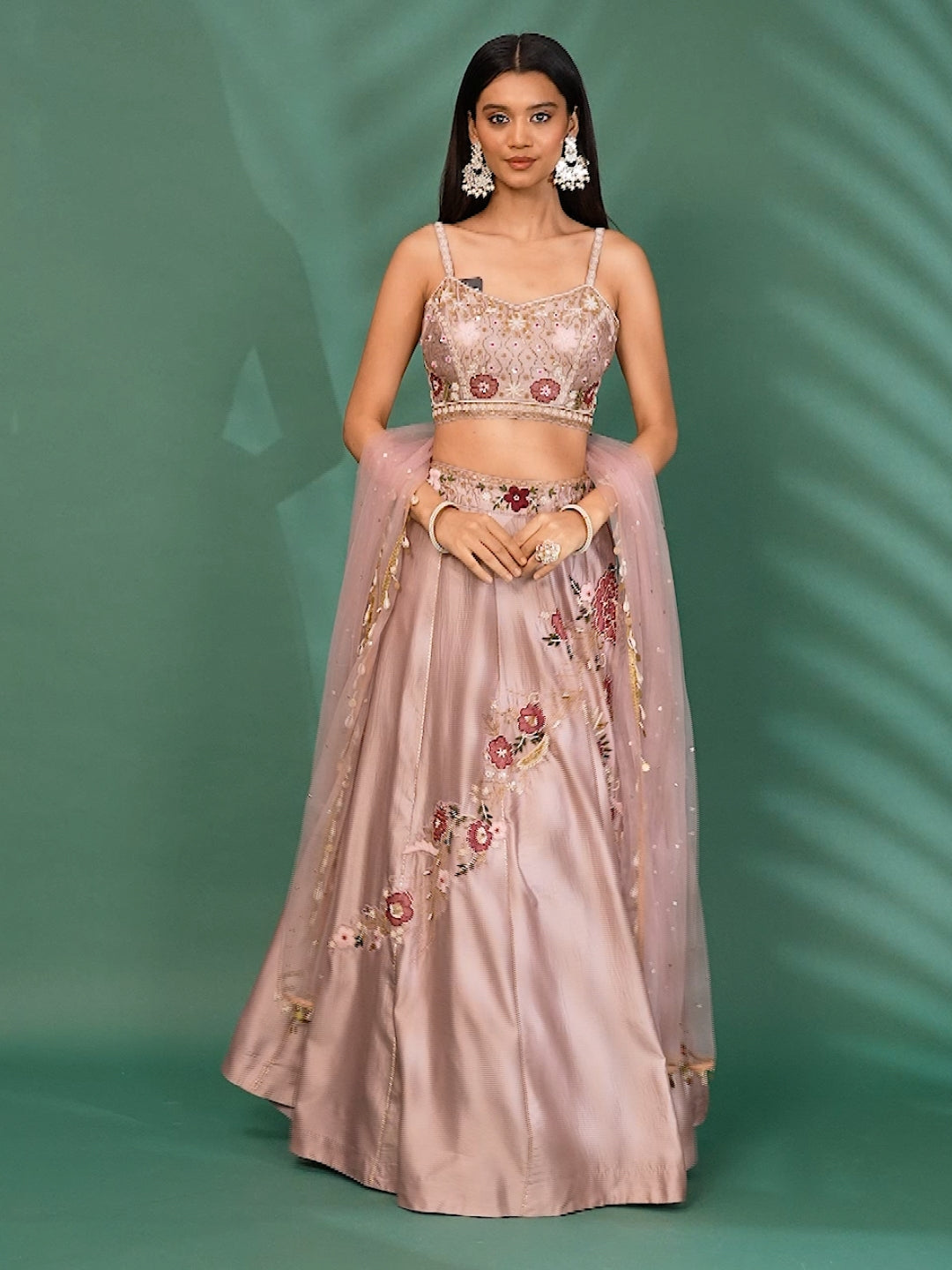 Lehenga Set with Floral Thread & Sequin Embroidery and Net Dupatta