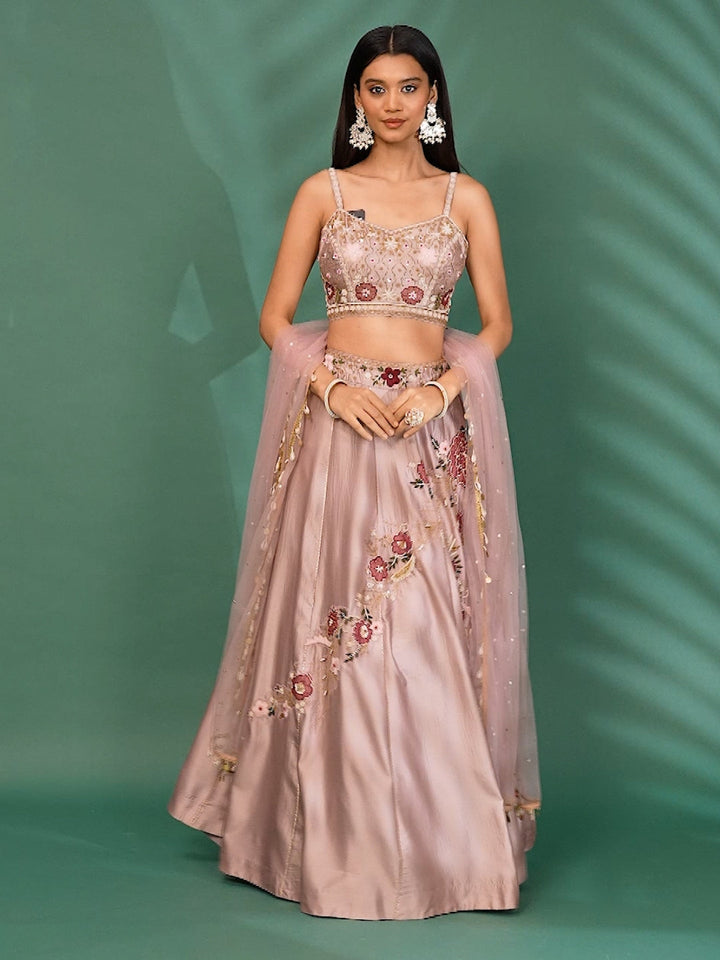 Lehenga Set with Floral Thread & Sequin Embroidery and Net Dupatta