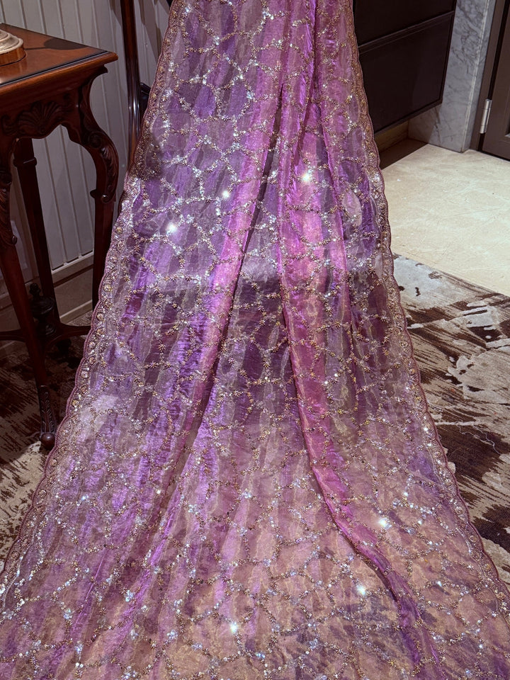 Pink Shimmer Net Saree with Sequin & Mirror Geometric Trellis and Scalloped Embroidered Border