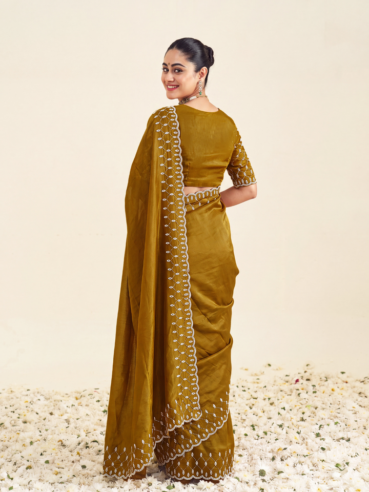 Sequin Embroidered Scalloped Border Saree with Embroidered Blouse