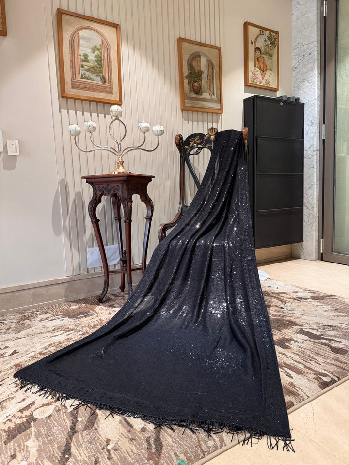 Black All-Over Sequin Saree with Tonal Embroidered Border and Fringe Pallu