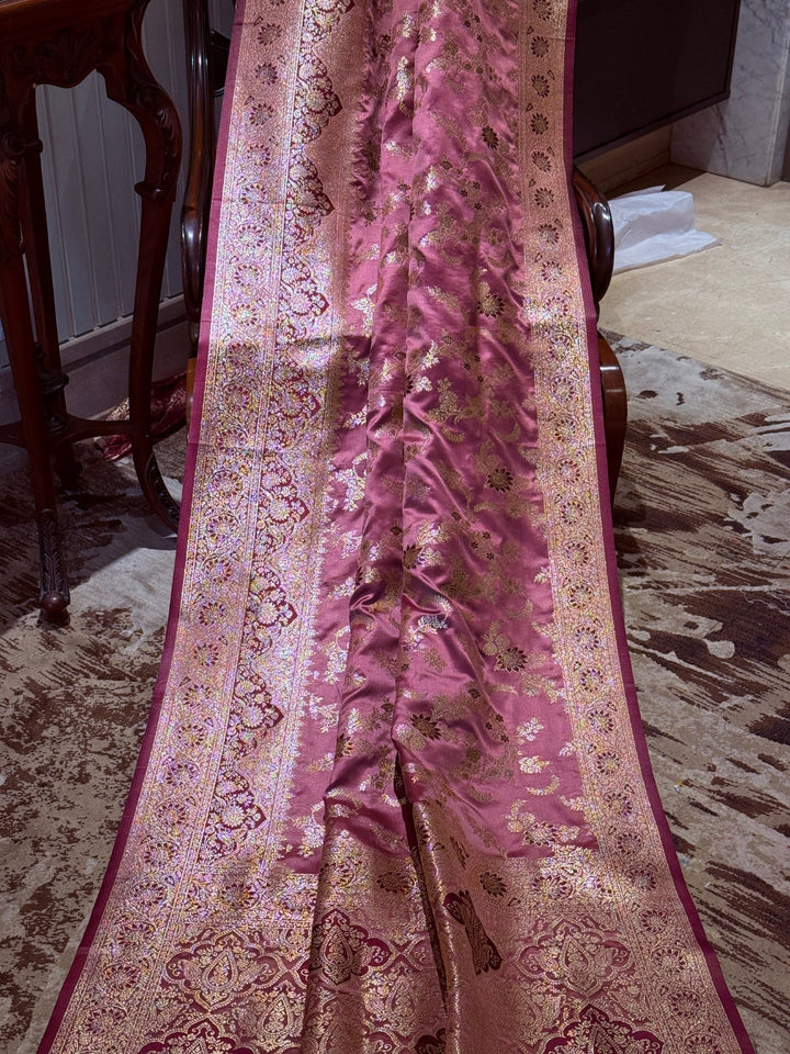 Banarasi Art Silk Saree with Gold Zari Floral Jaal & Dual Pattern Brocade Border