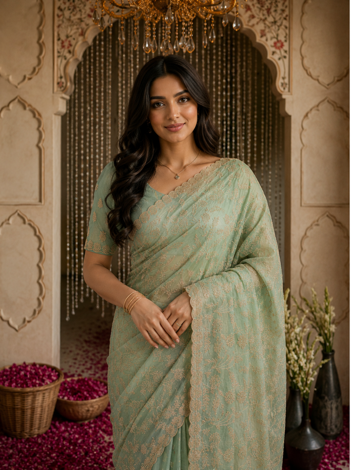 Organza Silk Thread & Sequin Floral Embroidered Saree with Blouse Piece in Mint Green