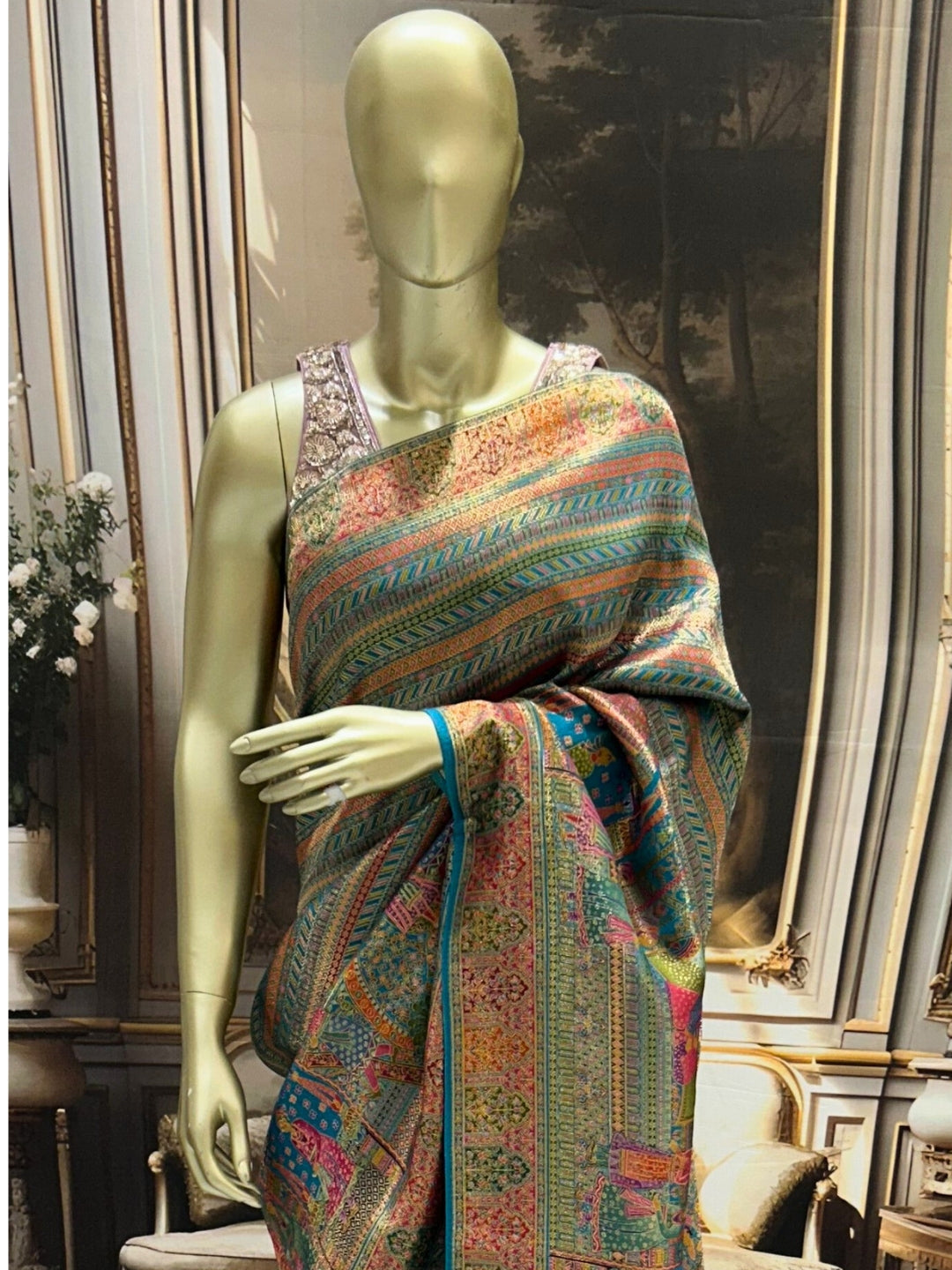 Teal Banarasi Silk Saree with Multicolour Royal Procession Pallu & Temple Border