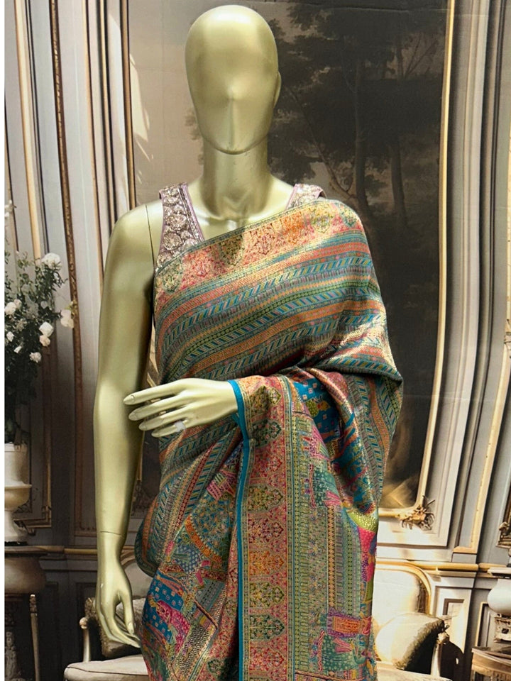 Teal Banarasi Silk Saree with Multicolour Royal Procession Pallu & Temple Border