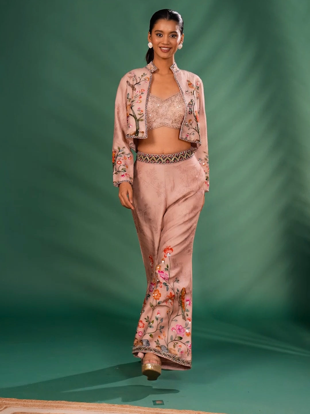 Embroidered Crop Top Jacket Set with Floral Motifs and Flared Trousers