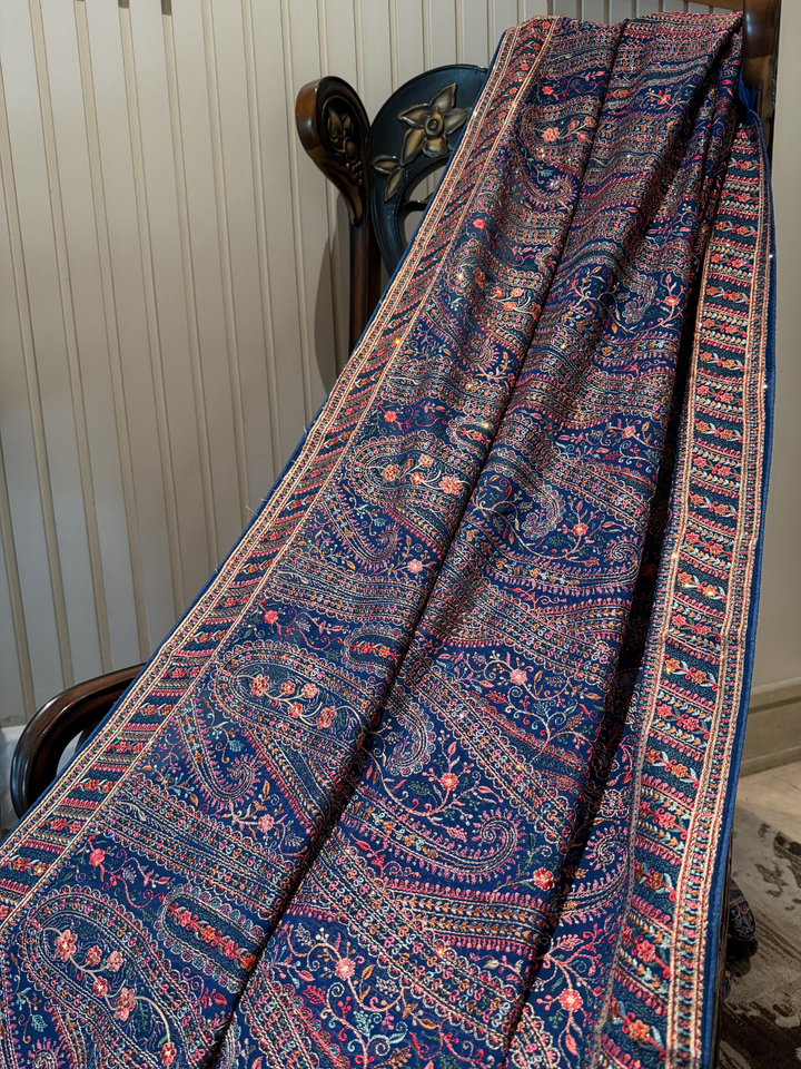 Navy Blue Kani Weave Silk Saree with Multicolour Paisley & Floral Jaal Pattern