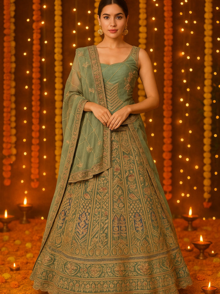 Heavy Zari, Dori, Sequins & Resham Embroidered Lehenga with Dupatta & unstitched Blouse
