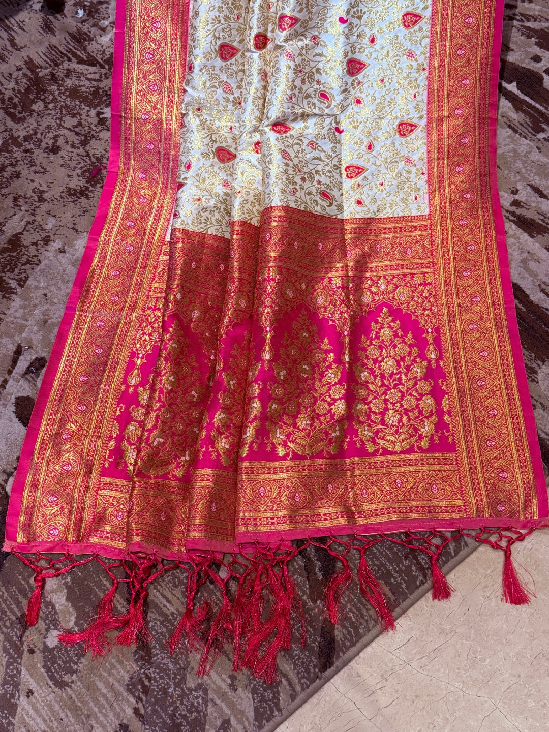 Banarasi Art Silk Saree with Gold-Pink Floral Jaal & Brocade Contrast Border
