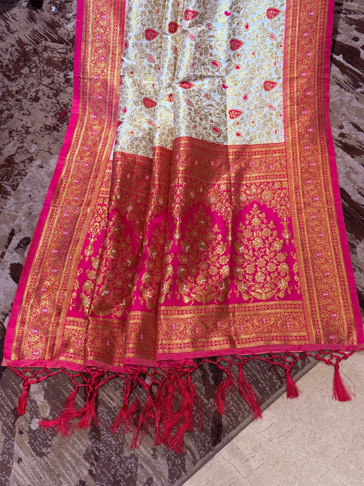 Banarasi Art Silk Saree with Gold-Pink Floral Jaal & Brocade Contrast Border